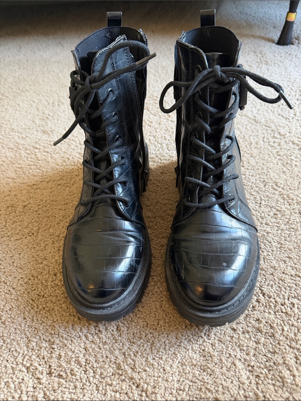New Look (ASOS) Black Croc-Embossed Lace-Up Combat Boots